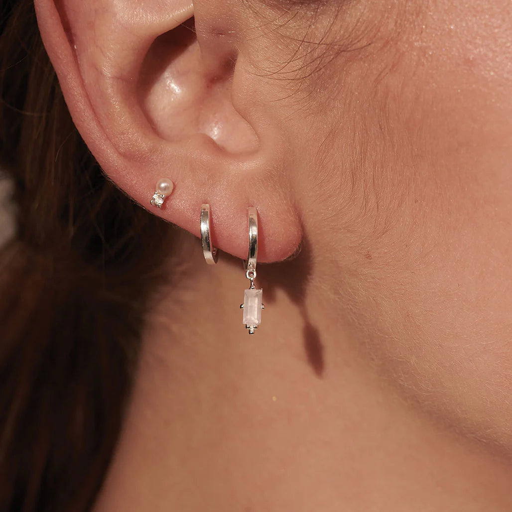 Huggies with Hanging Rose Quartz Baguette - Sterling Silver