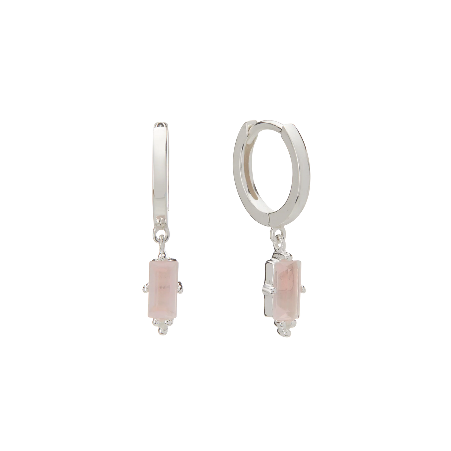 Huggies with Hanging Rose Quartz Baguette - Sterling Silver