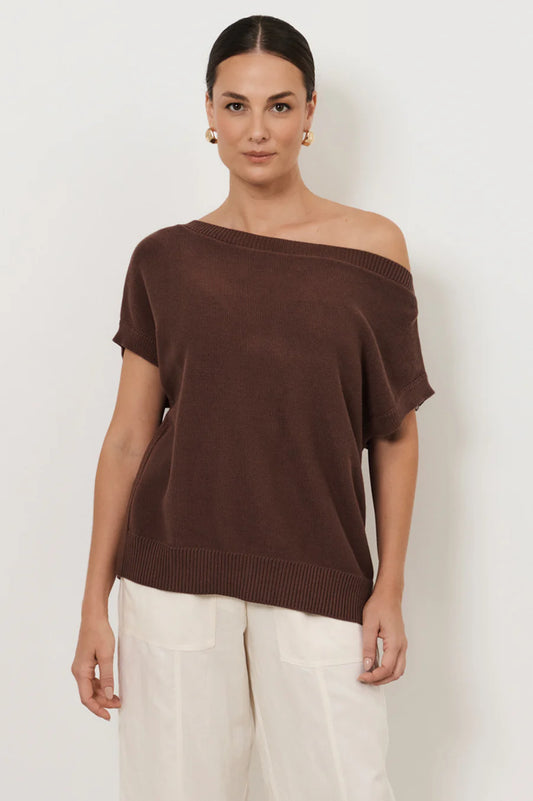 Terrie Angled Neckline Cotton Knit Top - Chocolate