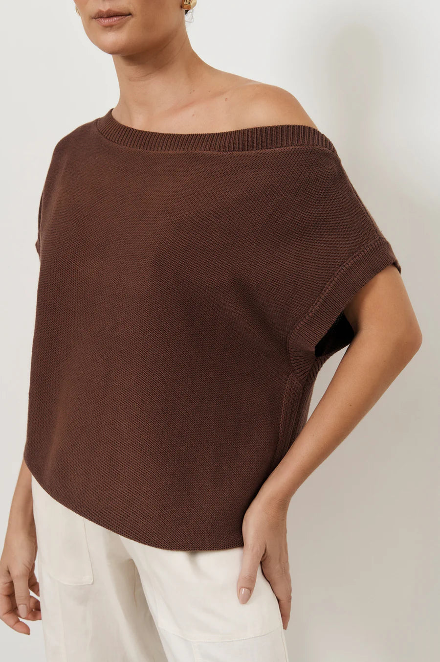 Terrie Angled Neckline Cotton Knit Top - Chocolate