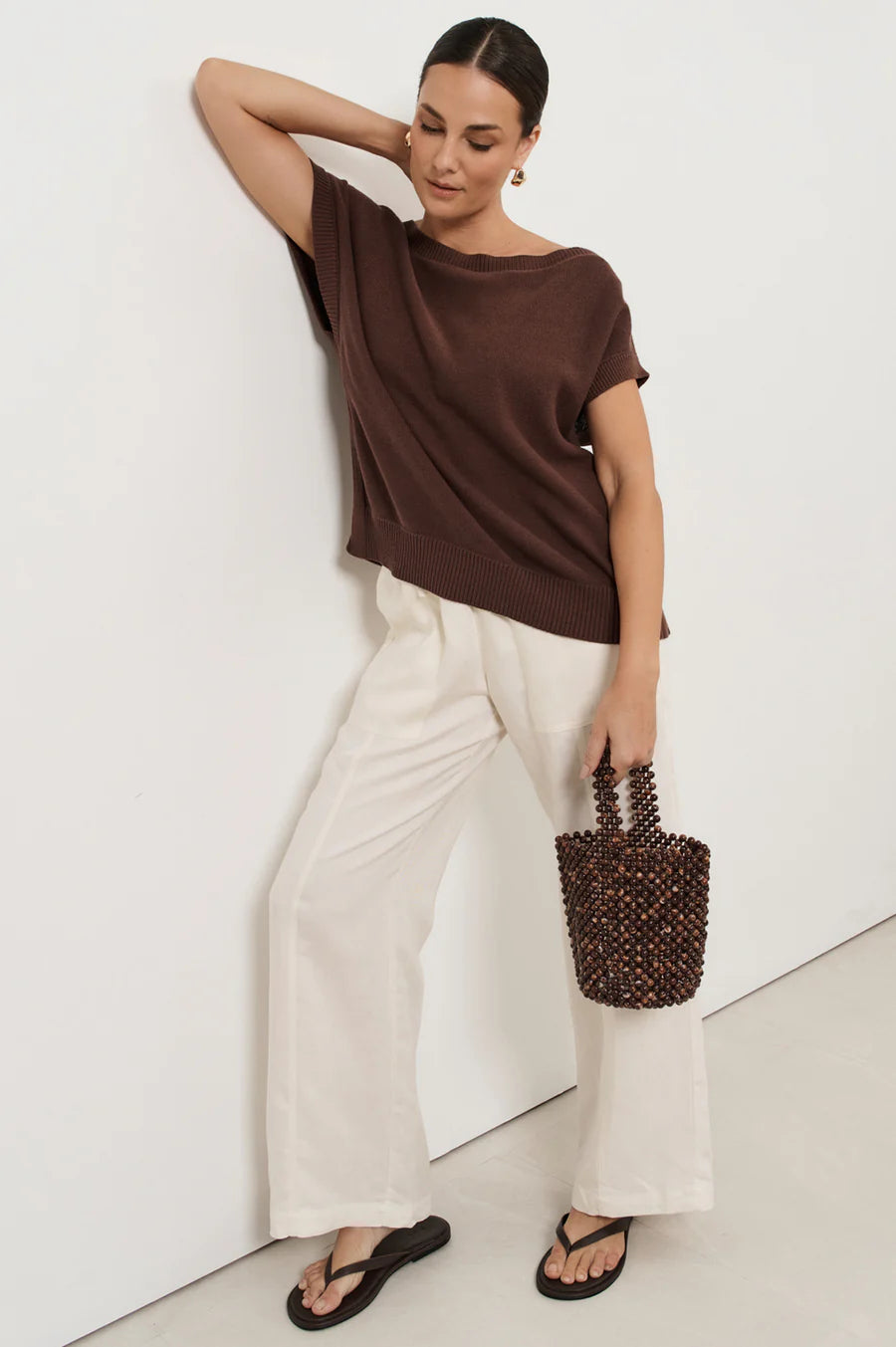 Terrie Angled Neckline Cotton Knit Top - Chocolate