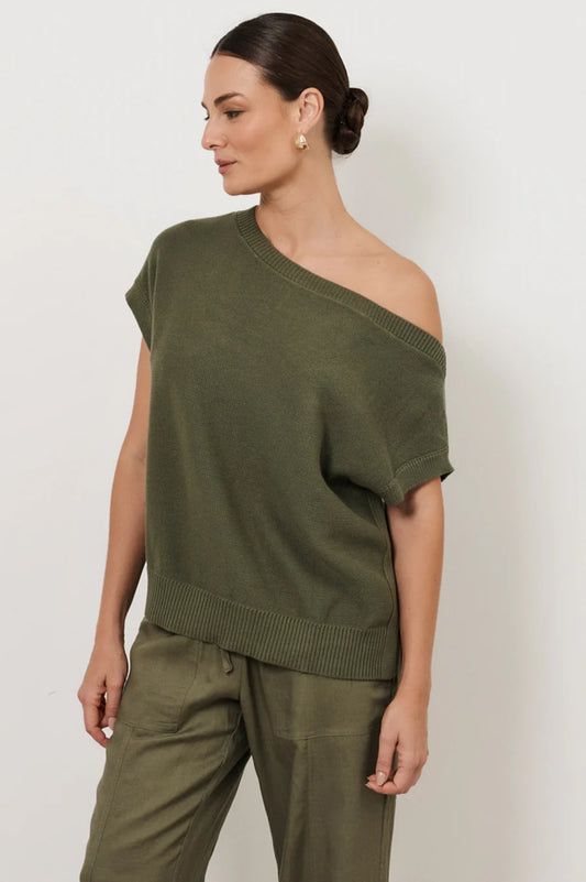Terrie Angled Neckline Cotton Knit Top - Khaki