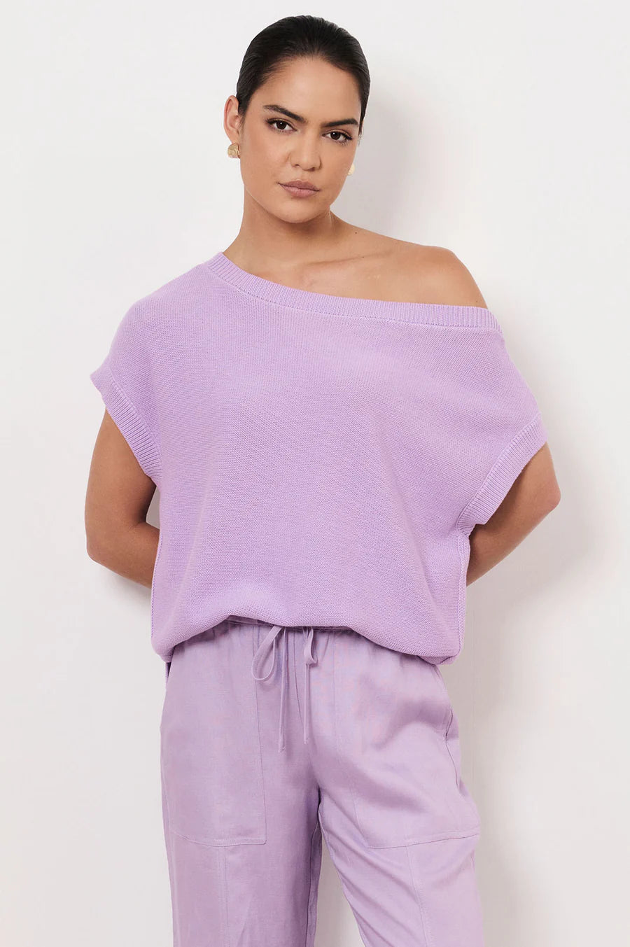 Terrie Angled Neckline Cotton Knit Top - Lilac