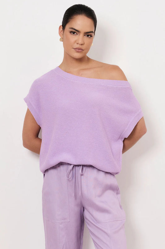 Terrie Angled Neckline Cotton Knit Top - Lilac