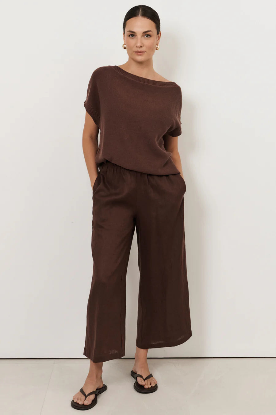 Terrie Angled Neckline Cotton Knit Top - Chocolate