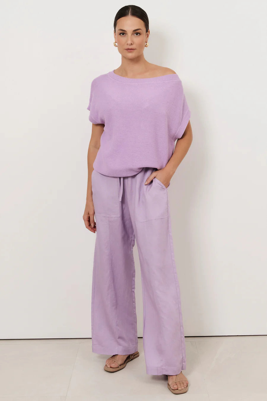 Terrie Angled Neckline Cotton Knit Top - Lilac