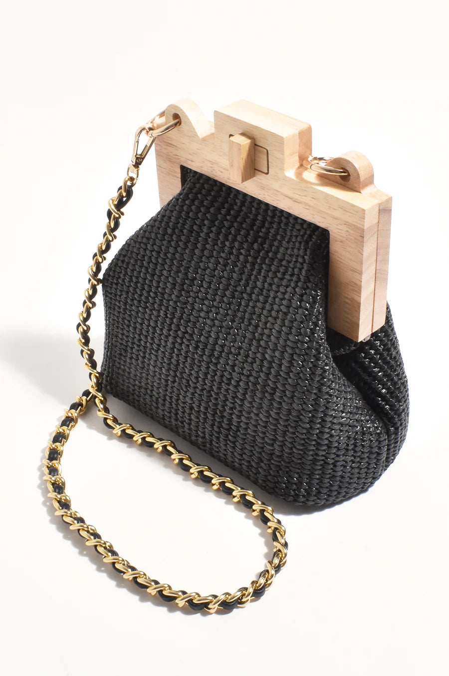 Abby Timber Frame Woven Mini Bag - Black