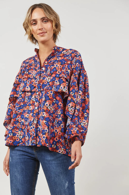 Romance Ruffle Blouse - Azure Bloom