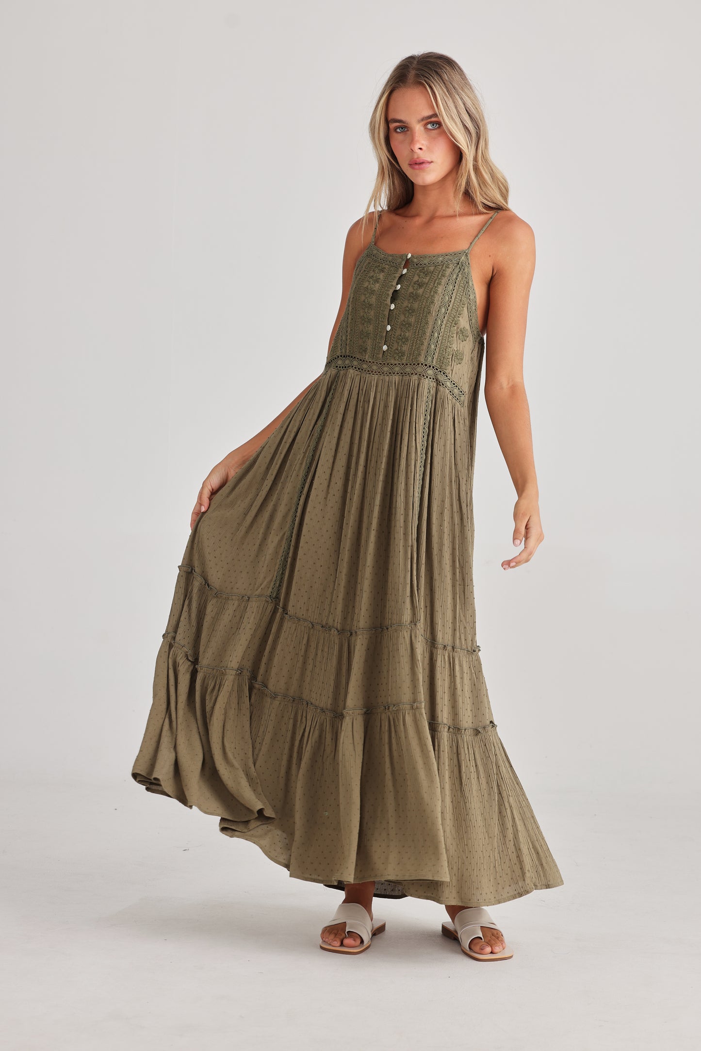 Inhale Dress - Olive Dobby