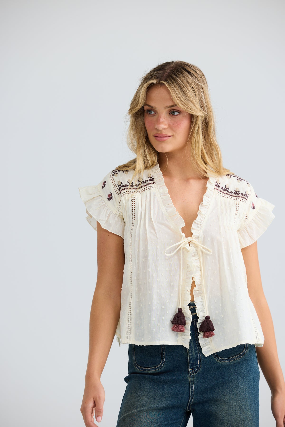 Saskia Tie Top in Natural Dobby